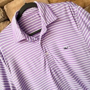 Vineyard Vines S  Mens Purple White Striped Performance Polo Shirt Preppy Beach